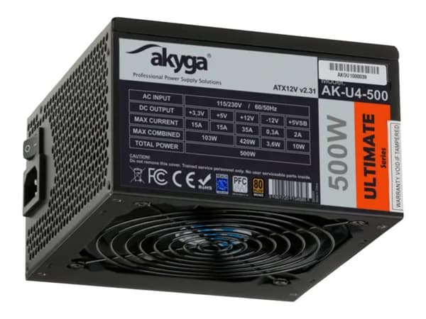 Akyga AK-U4-500 - Ultimate Series - strømforsyning (intern) - ATX12V 2.31 - 80 PLUS Bronze - AC 230 V - 500 watt - aktiv PFC - svart Sort