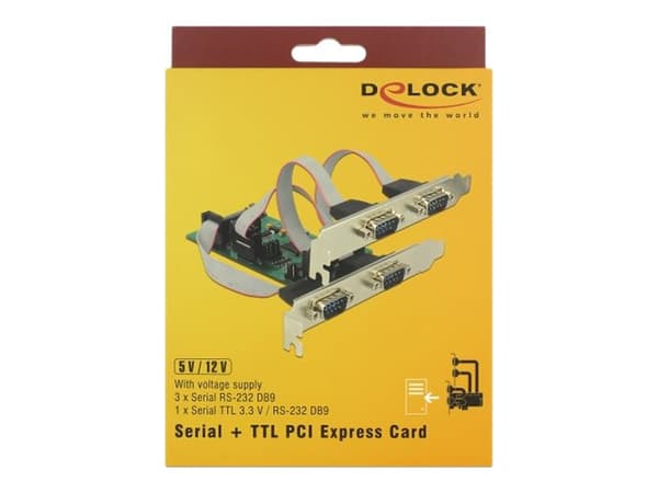 Delock PCI Express Card &gt; 3 x Serial RS-232 + 1 x TTL 3.3 V / RS-232 jännitesyötöllä - Sarjasovitin - PCIe low profile - RS-232 x 3 + RS-232 (TTL)