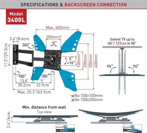 Barkan Mounting Systems 3400L, 177,8 cm (70"), 200 x 100 mm, 600 x 400 mm, 0 - 10°, 90°, Svart