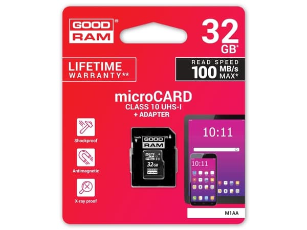 Goodram M1A0, 32 GB, MicroSDHC, Klasse 10, UHS-I, 100 MB/s, 10 MB/s