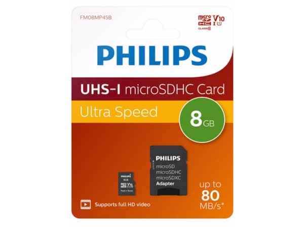 Philips FM08MP45B - Flash-minneskort (adapter, microSDHC till SD inkluderad) - 8 GB - Class 10 - microSDHC UHS-I