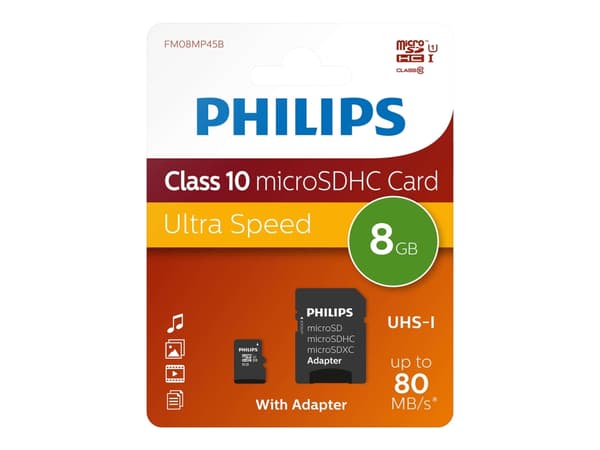 Philips FM08MP45B - Flash-minneskort (adapter, microSDHC till SD inkluderad) - 8 GB - Class 10 - microSDHC UHS-I