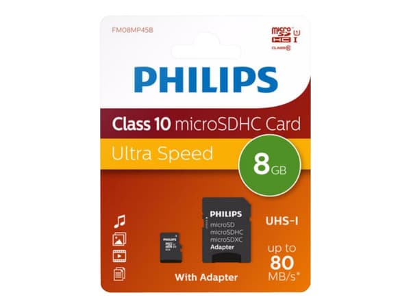 Philips FM08MP45B - Flashminnekort (microSDHC til SD-adapter inkludert) - 8 GB - Class 10 - microSDHC UHS-I