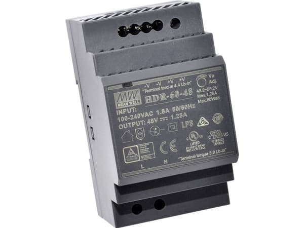MEAN WELL HDR-60-15, 85 - 264 V, 60 W, 15 V, 4 A, RoHS, 52,5 mm