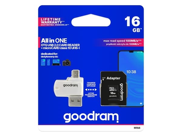 Goodram M1A4 All in One, 16 GB, MicroSDHC, Klasse 10, UHS-I, 100 MB/s, 10 MB/s