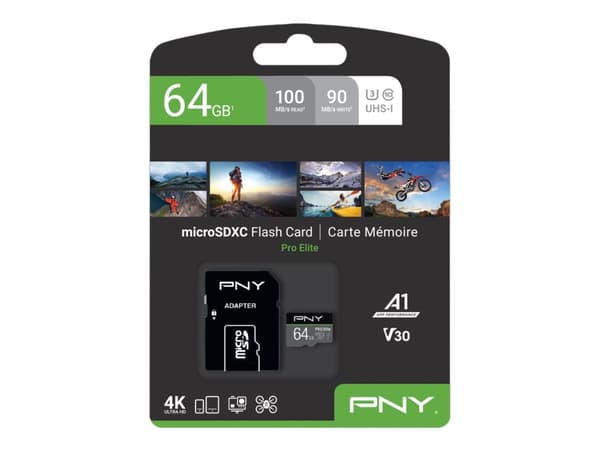 PNY PRO Elite - Flash-minneskort (microSDXC till SD-adapter inkluderad) - 64 GB - A1 / Video Class V30 / UHS-I U3 / Class10 - mikroSDXC UHS-I