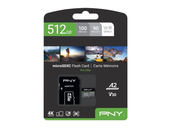 PNY PRO Elite microSDXC 512GB, 512GB, MicroSDXC, Class 10, 100MB/s, 90MB/s, Class 3 (U3)