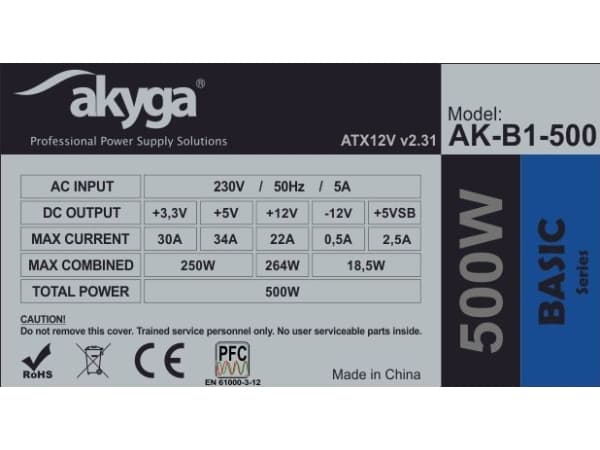 Akyga Basic Series AK-B1-500 - Nätaggregat (intern) - ATX12V 2.31 - AC 230 V - 500 Watt - PFC - grå