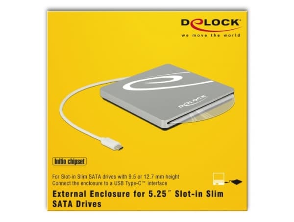 Delock 5.25 External Enclosure Slot-in Slim SATA > USB C - Drevkabinett - SATA - USB 3.1 (Gen 1) - svart, sølv