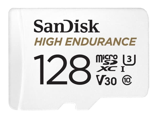 SanDisk High Endurance - Flash-minneskort (microSDXC till SD-adapter inkluderad) - 128 GB - Video Class V30 / UHS-I U3 / Class10 - mikroSDXC UHS-I