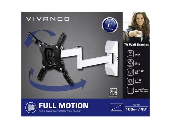 Vivanco BFMO 6020 W, 75 x 75 mm, 200 x 200 mm, -15 - 5°, -90 - 90°, Terästä, Valkoinen