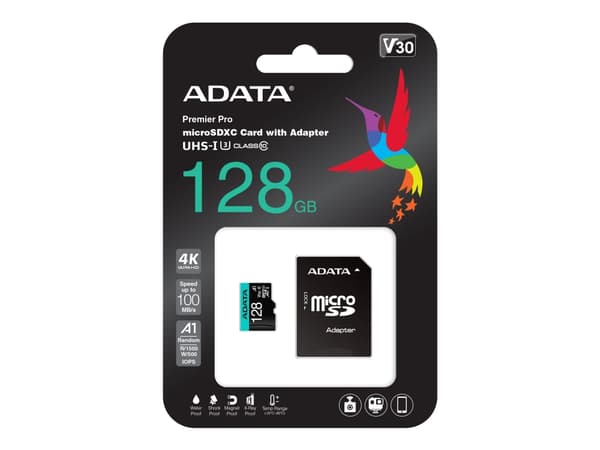 ADATA Premier Pro V30S - Flashminnekort (SD-adapter inkludert) - 128 GB - A2 / Video Class V30 / UHS-I U3 / Class10 - microSDXC UHS-I