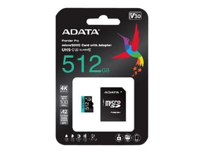 ADATA Premier Pro, 512 GB, MicroSDXC, Luokka 10, 100 MB/s, 80 MB/s, Class 3 (U3)