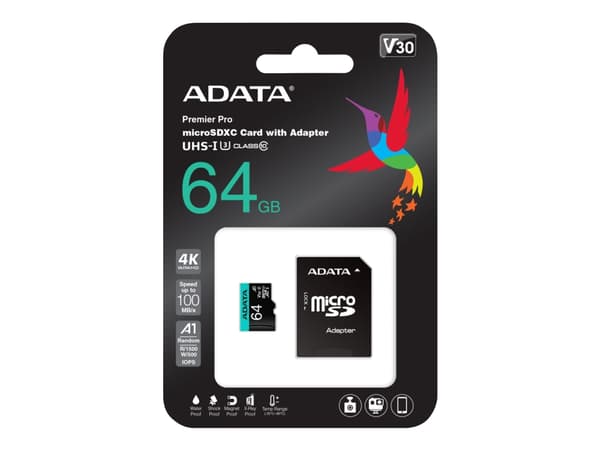 ADATA Premier Pro V30S - Flashminnekort (SD-adapter inkludert) - 64 GB - A2 / Video Class V30 / UHS-I U3 / Class10 - microSDXC UHS-I