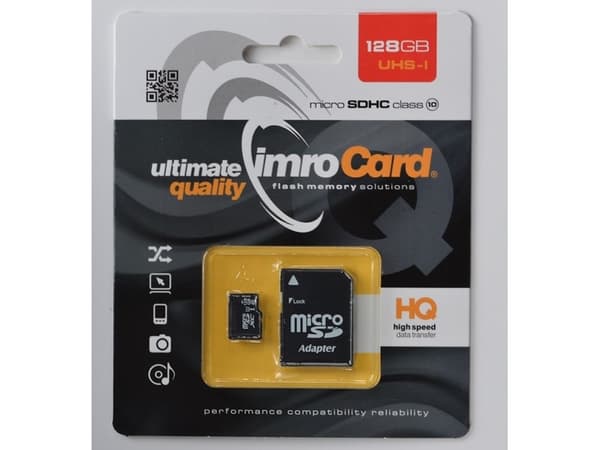 IMRO 10/128G UHS-I ADP, 128 GB, MicroSDHC, Klasse 10, UHS-I, Klasse 1 (U1), Sort