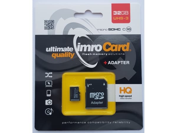 IMRO MICROSD10/32G UHS-3 ADP, 32 GB, MicroSDHC, Klasse 10, UHS-III, Class 3 (U3), Sort