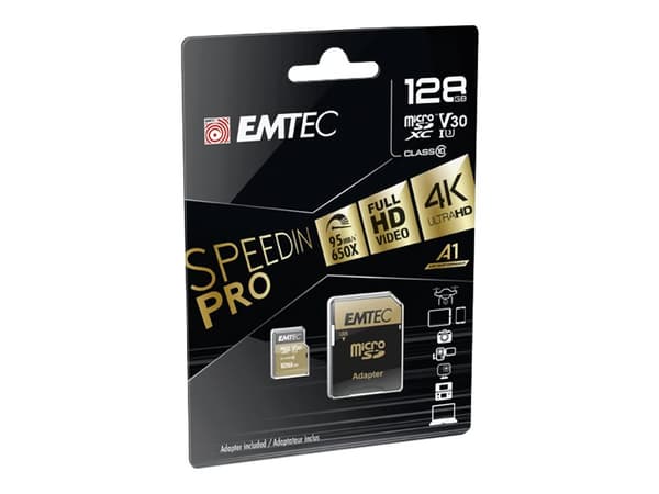 EMTEC SpeedIN' PRO - Flashminnekort (microSDHC til SD-adapter inkludert) - 128 GB - Video Class V30 / UHS-I U3 / Class10 - microSDXC UHS-I