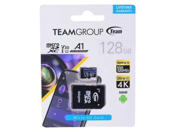 Team ELITE A1 - Flashminnekort (SD-adapter inkludert) - 128 GB - A1 / Video Class V30 / UHS-I U3 - microSDXC