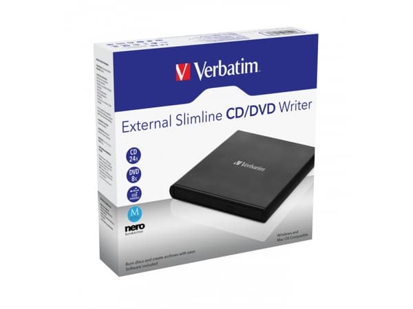 Verbatim External Slimline CD/DVD Writer, Musta, Kelkka, Vaaka, Kannettava tietokone, DVD±RW, USB 2.0