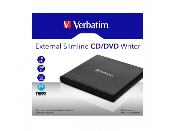 Verbatim External Slimline CD/DVD Writer, Musta, Kelkka, Vaaka, Kannettava tietokone, DVD±RW, USB 2.0