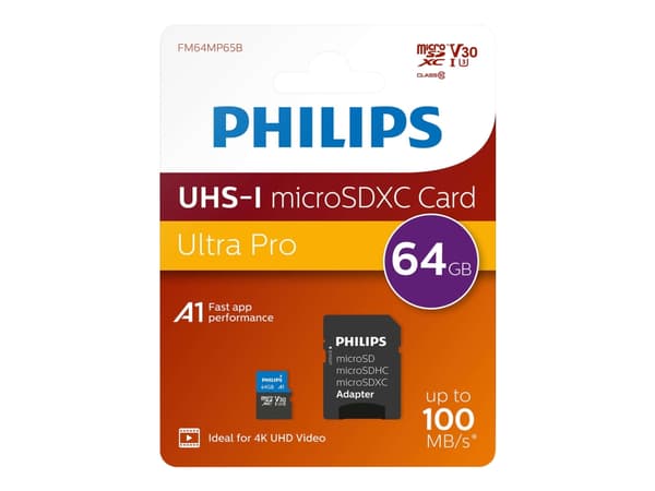 Philips Ultra Pro FM64MP65B - Flashminnekort (SD-adapter inkludert) - 64 GB - A1 / Video Class V30 / UHS-I U3 / Class10 - microSDXC