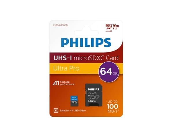 Philips Ultra Pro FM64MP65B - Flashminnekort (SD-adapter inkludert) - 64 GB - A1 / Video Class V30 / UHS-I U3 / Class10 - microSDXC