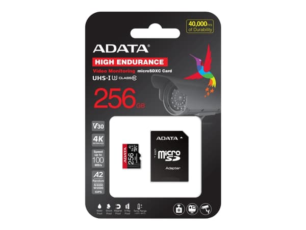 ADATA High Endurance - Flash-minneskort (microSDXC till SD-adapter inkluderad) - 256 GB - A2 / Video Class V30 / UHS-I U3 / Class10 - mikroSDXC UHS-I