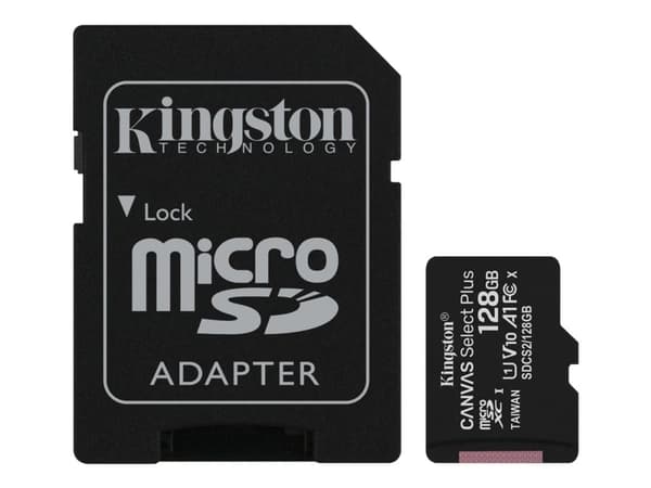 Kingston Canvas Select Plus - Flash-minneskort (microSDXC till SD-adapter inkluderad) - 128 GB - A1 / Video Class V10 / UHS Class 1 / Class10 - mikro