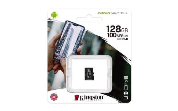 Kingston Technology Canvas Select Plus, 128 GB, MicroSDXC, Luokka 10, UHS-I, 100 MB/s, 85 MB/s