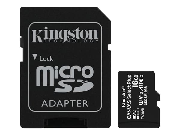 Kingston Canvas Select Plus - Flash-minneskort (adapter, microSDHC till SD inkluderad) - 16 GB - A1 / Video Class V10 / UHS Class 1 / Class10 - micro