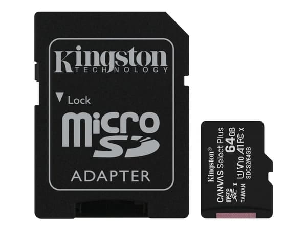 Kingston Canvas Select Plus - Flashminnekort (microSDXC til SD-adapter inkludert) - 64 GB - A1 / Video Class V10 / UHS Class 1 / Class10 - microSDXC