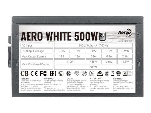 AeroCool AERO White 500W - Strømforsyning (intern) - ATX12V 2.4 - 80 PLUS - AC 200-240 V - 500 watt - aktiv PFC - matt svart