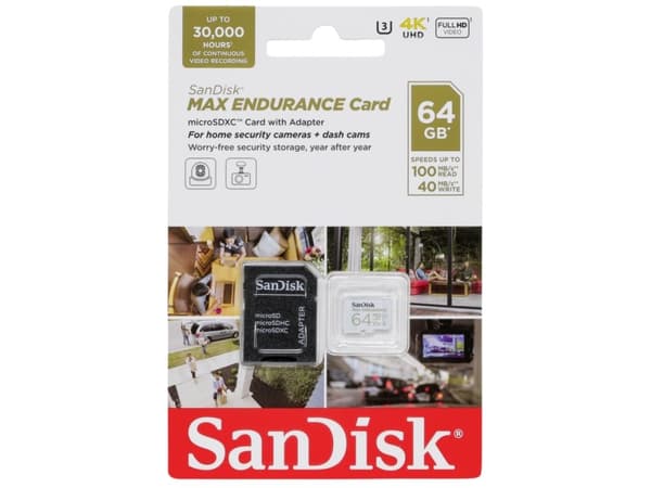 SanDisk Max Endurance - Flashminnekort (microSDXC til SD-adapter inkludert) - 64 GB - Video Class V30 / UHS-I U3 / Class10 - microSDXC UHS-I