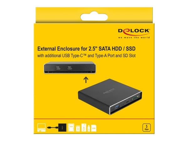 Delock ulkoinen kotelo 2,5" SATA HDD / SSD-levylle, jossa on ylimääräinen USB Type-C ja Type-A portti ja SD-korttipaikka - Lagringspakning - 2,5" - S