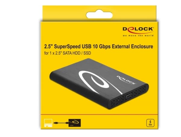 Delock 2,5" eksternt kabinett SATA HDD / SSD > USB 3.0 - Lagringspakning - 2,5" - SATA 6Gb/s - USB 3.1 (Gen 2) - sortering