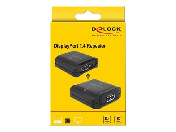 Delock DisplayPort 1.4 Repeater 8K 30 Hz - Repeater - DisplayPort - 20-stifts DisplayPort / 20-stifts DisplayPort - upp till 10 m