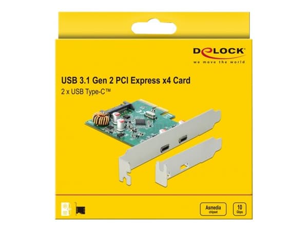 Delock PCI Express x4 Card to 2 x external SuperSpeed USB 10 Gbps (USB 3.1 Gen 2) USB Type-C female - USB-adapter - PCIe 3.0 x4 låg profil - USB-C 3.