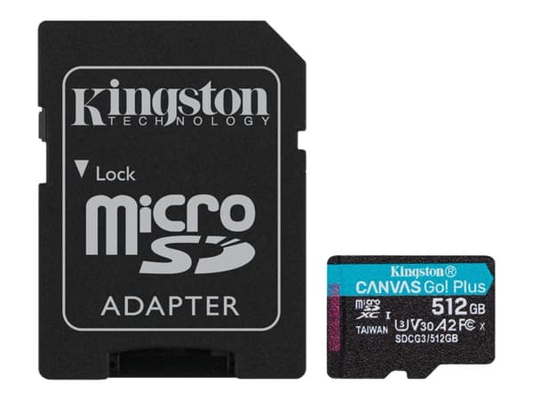 Kingston Canvas Go! Plus - Flashminnekort (microSDXC til SD-adapter inkludert) - 512 GB - A2 / Video Class V30 / UHS-I U3 / Class10 - microSDXC UHS-I
