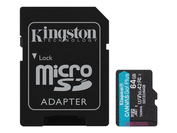 Kingston Canvas Go! Plus - Flashminnekort (microSDXC til SD-adapter inkludert) - 64 GB - A2 / Video Class V30 / UHS-I U3 / Class10 - microSDXC UHS-I