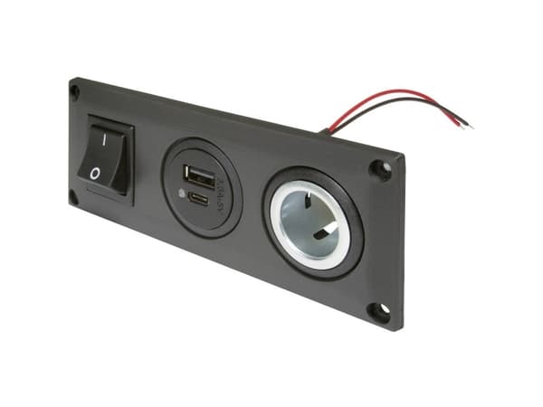ProCar sisäänrakennettu pistorasia, jossa USB-C/A kaksoispistorasia kytkettävissä + 1 pistorasia 12 V, 24 V 20 A 2-nahkainen