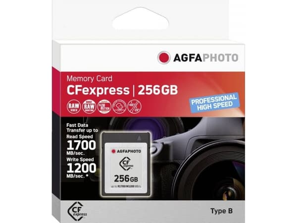 AgfaPhoto CFexpress Professional, 256 GB, CFexpress, NAND, 1700 MB/s, 1200 MB/s, Kyltålig, Värmetålig, Stöttålig, Röntgentålig