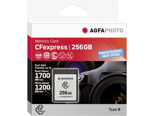 AgfaPhoto CFexpress Professional, 256 GB, CFexpress, NAND, 1700 MB/s, 1200 MB/s, Kyltålig, Värmetålig, Stöttålig, Röntgentålig