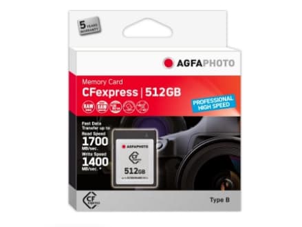 AgfaPhoto CFexpress Professional, 512 GB, CFexpress, NAND, 1700 MB/s, 1400 MB/s, Kuldebestandig, Varme motstandig, Sjokkresistent, Røntgenbestandig