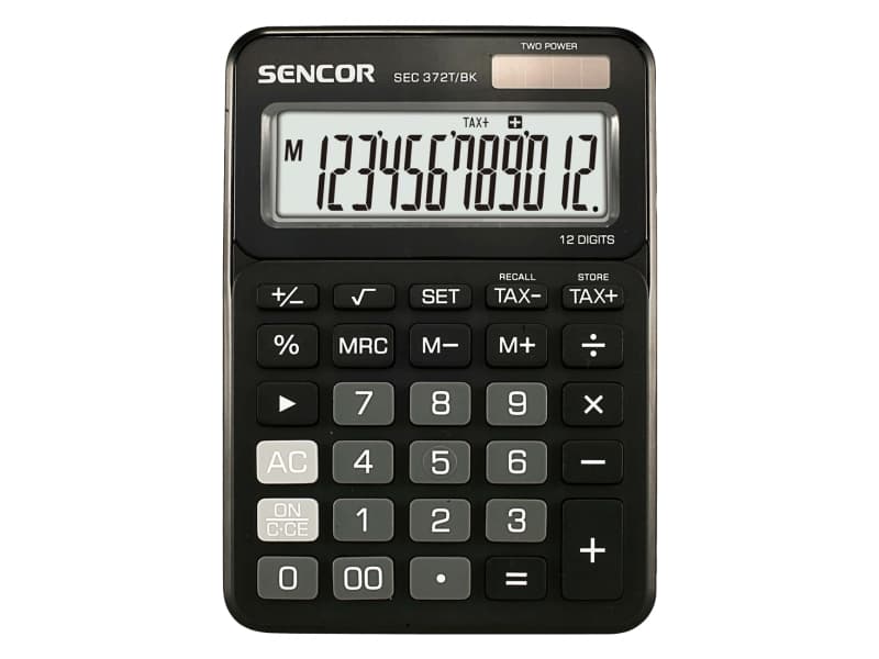Sencor SEC 372T/BK, Skrivbord, Grundläggande, 12 siffror, Visa tippning, Batteri/solcell, Svart