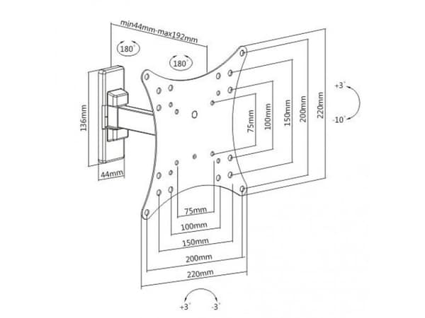 Techly ICA-LCD 2901E, 58,4 cm (23"), 106,7 cm (42"), 75 x 75 mm, 200 x 200 mm, -10 - 3°, Musta