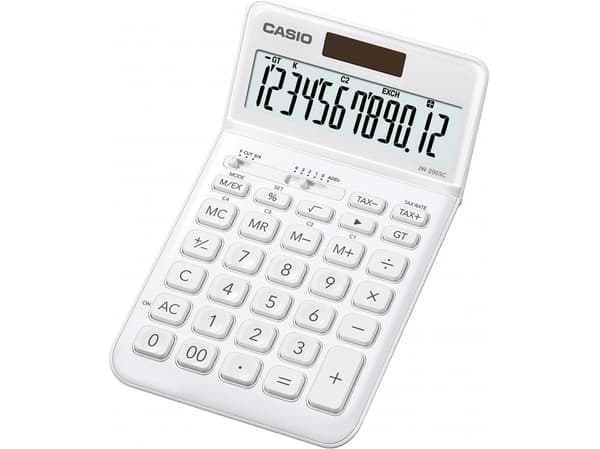 Casio JW-200SC, Työpöytä, Perus, 12 lukua, Näyttön kallistus, Akku/Aurinko, Valkoinen