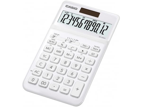Casio JW-200SC, Työpöytä, Perus, 12 lukua, Näyttön kallistus, Akku/Aurinko, Valkoinen