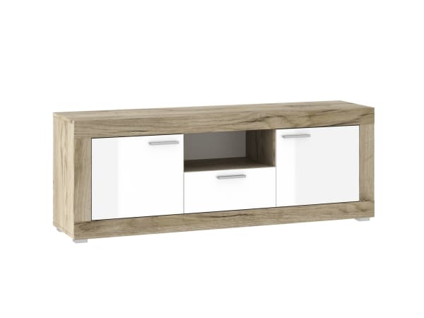 Tuckano RTV-skåp 151x55x37 WARSAW ek hantverk / vit glans, Ek, Spånskiva, Ek, HDF-skiva, Spånskiva, 1 låda/lådor, 1 hylla