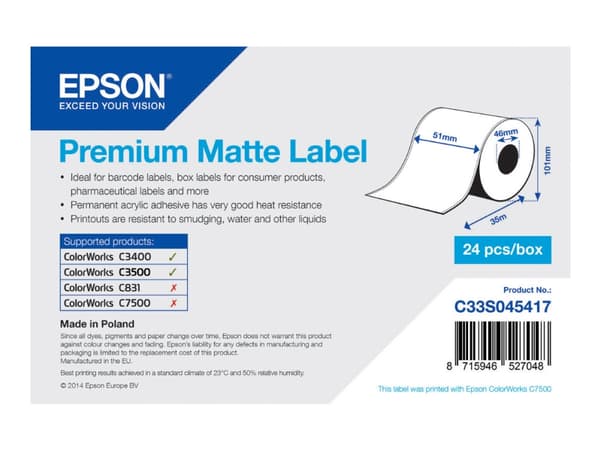 Epson Premium Matte Label Continuous -rulla, 51 mm x 35 m, Matta, 163 g/m², 1 kpl, 118 mm, 108 mm, 59 mm