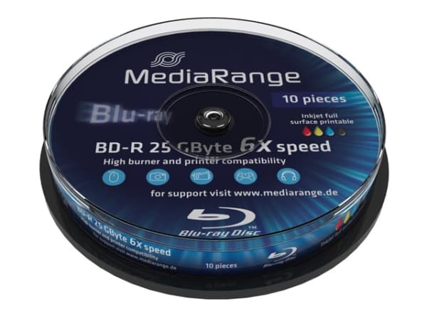 MediaRange Inkjet Fullsurface-Printable - 10 x BD-R - 25 GB 6x - hvit - blekkstråleskrivbar overflate - spindel